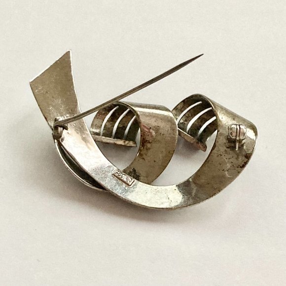 Vintage Sterling Silver Art Deco Marcasite Brooch Pin 925 Estate Ribbon Swirl - Picture 8 of 14
